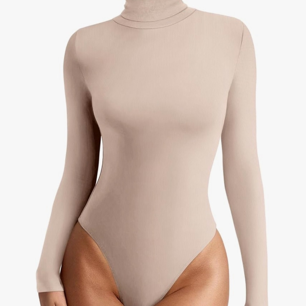 REORIA Women's Basic Long Sleeve Ribbed Turtleneck Leotard Stretchy Bodysuit Top
